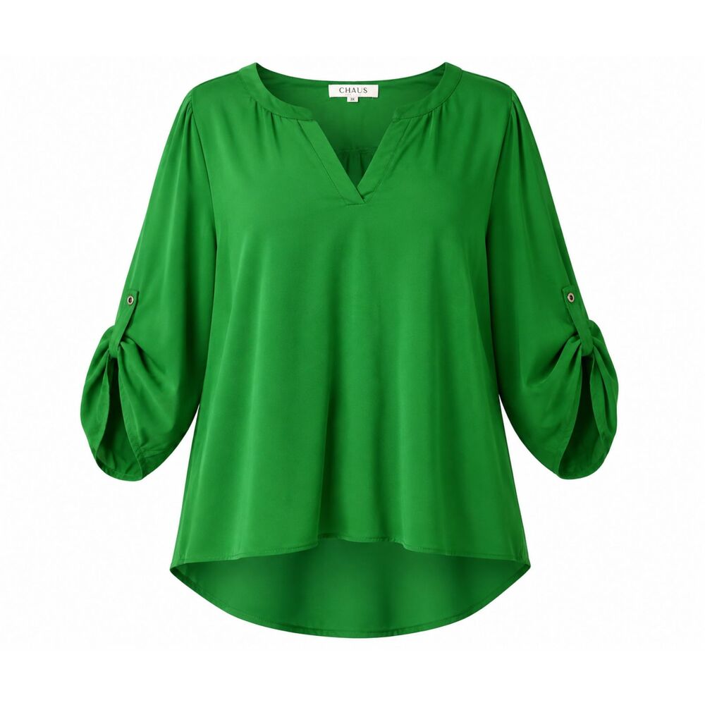 Chaus Women’s 3X Green Split Neck Roll Tab Sleeve High Low Blouse 3486 - Picture 8 of 8